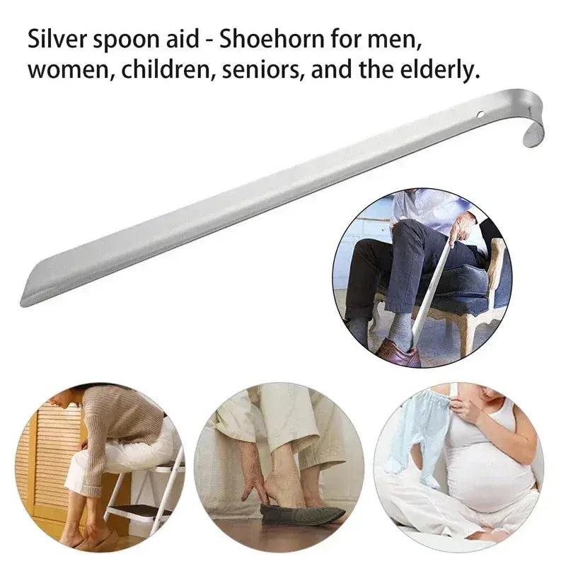 Pair of 52cm stainless steel silver shoehorns from SHOPEZRA L.L.C., long shoe pulling aids for easy slip-on and shoe removal.