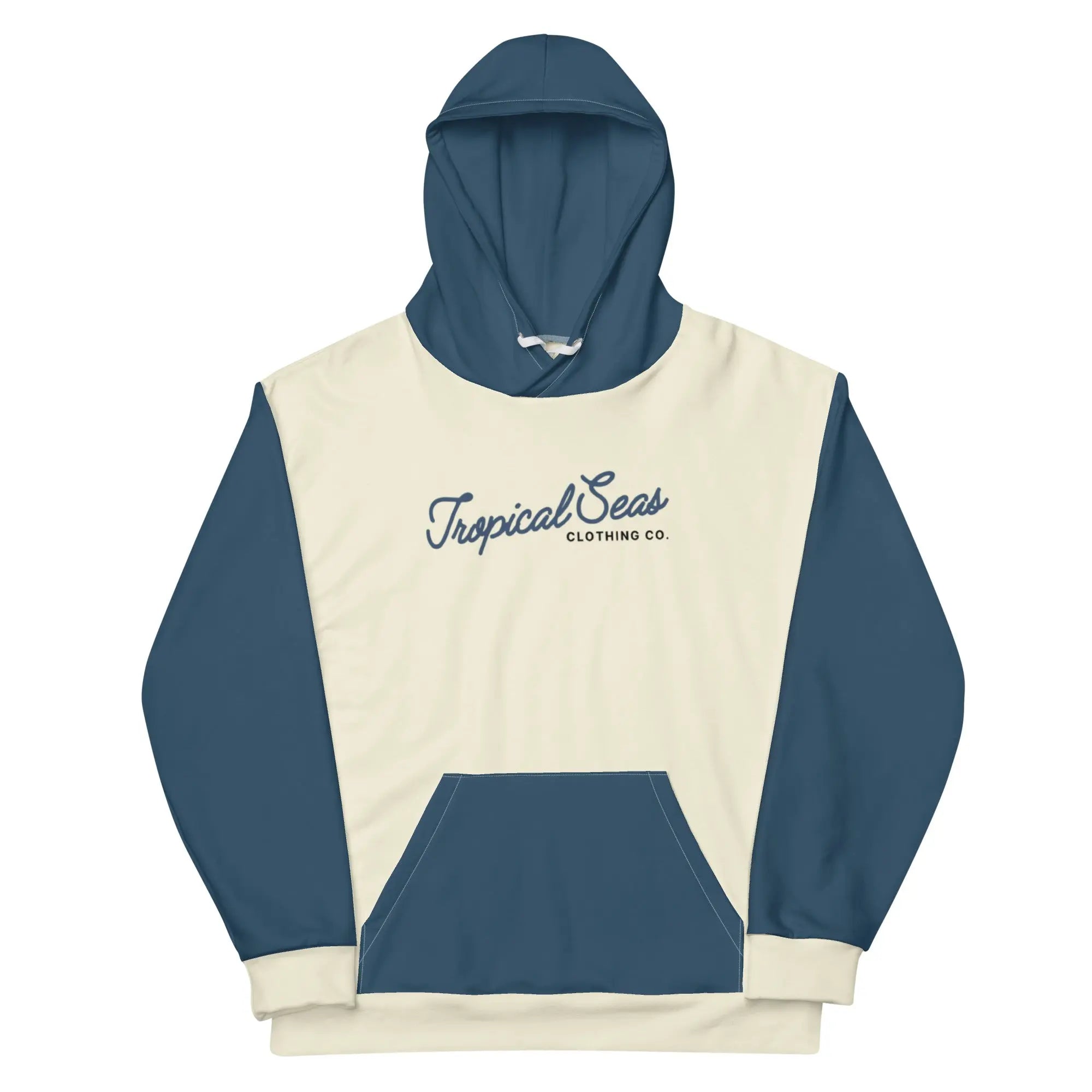 Navy off white tropical seas hoodie featuring vibrant print and plush fleece interior, perfect for style and comfort.