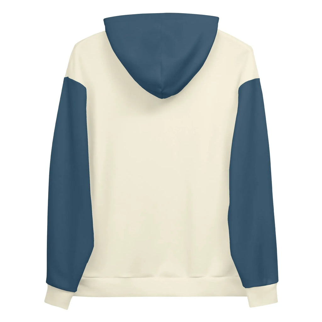 Back view of navy off white tropical seas hoodie showcasing its two-toned design and cozy hood.