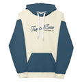 Navy and off-white two-toned tropical seas hoodie by SHOPEZRA L.L.C., featuring a relaxed fit and tropical print design.