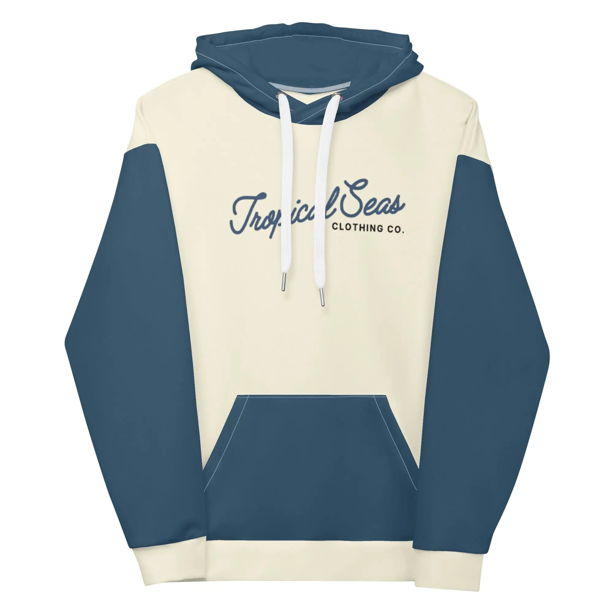 Navy and off-white two-toned Tropical Seas hoodie by SHOPEZRA L.L.C., shown on a model with tropical print details.