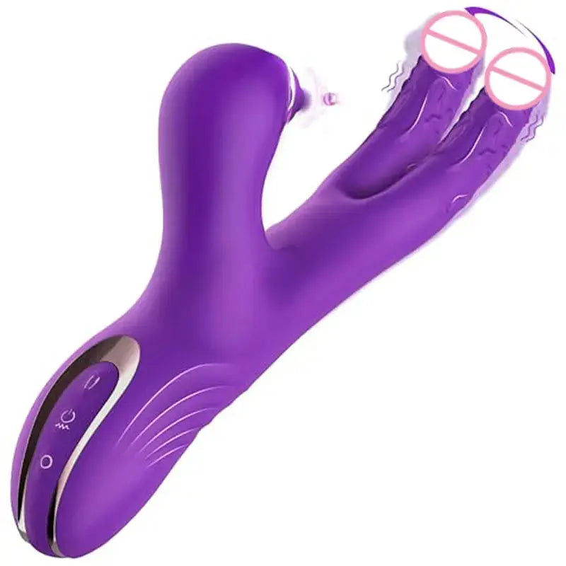 SHOPEZRA L.L.C. 3-in-1 dual dildo rabbit vibrator with G-spot and nipple stimulation, featuring 6 come-hither motion and clitoral tickling.