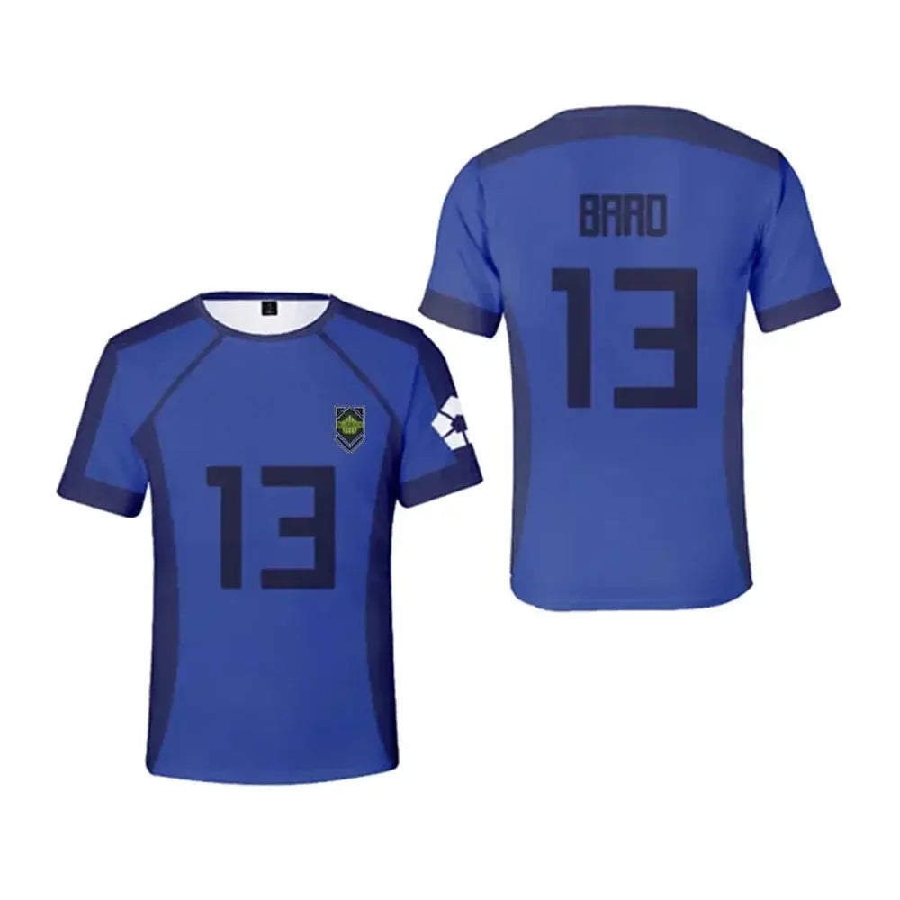 Blue Isagi Yoichi football jersey T-shirt featuring anime characters Hyoma Chigiri, Meguru Bachira, for children, by SHOPEZRA L.L.C.