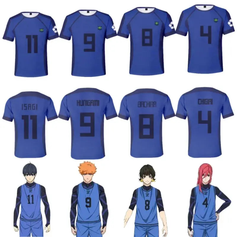 Blue Lock anime football jersey T-shirt featuring Isagi Yoichi, Hyoma Chigiri, Meguru Bachira in vibrant blue for children.