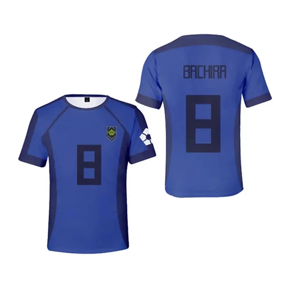 Blue Lock anime football jersey T-shirt featuring Isagi Yoichi, Hyoma Chigiri, Meguru Bachira, designed for children, by SHOPEZRA L.L.C.
