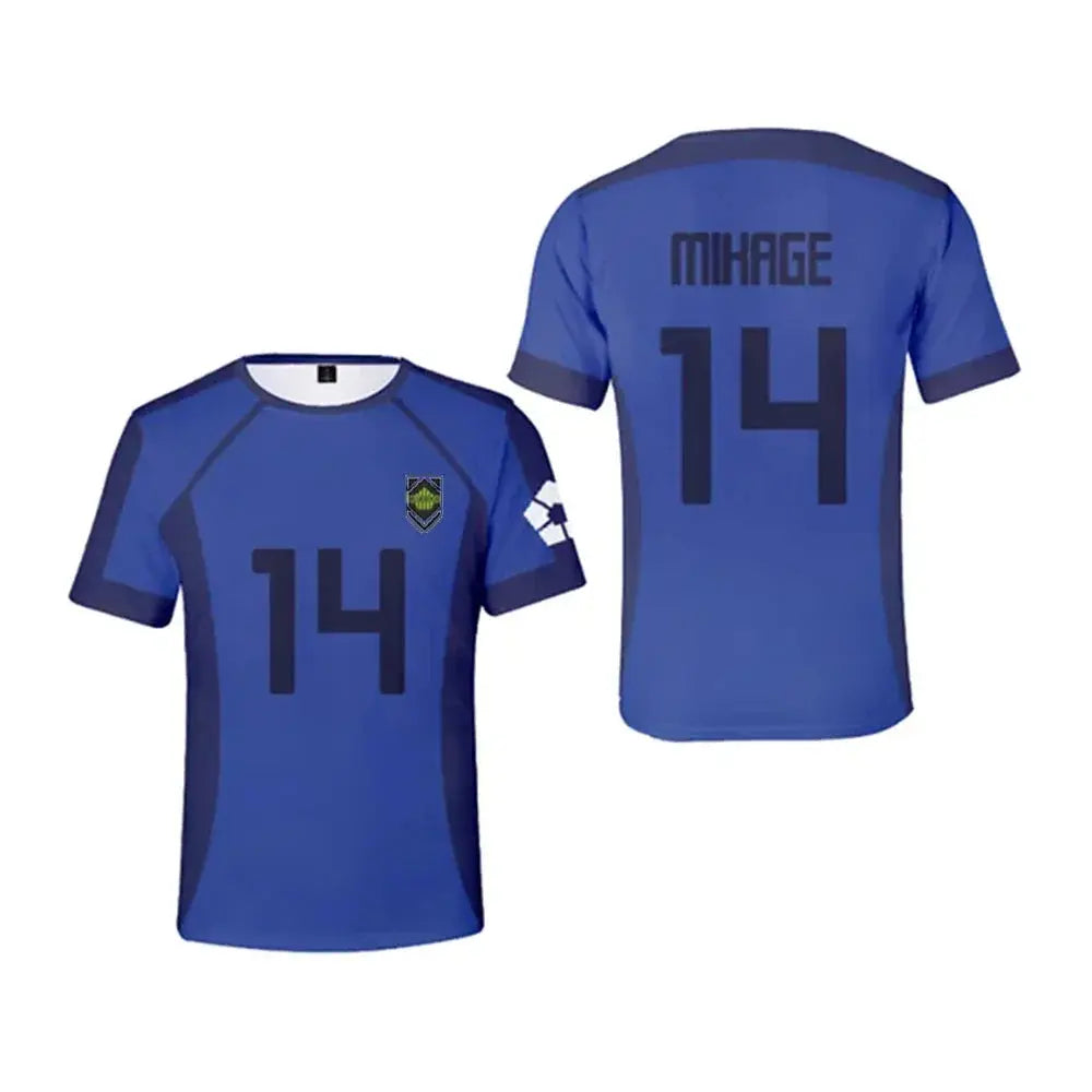 Blue Lock anime football jersey T-shirt featuring Isagi Yoichi, Hyoma Chigiri, Meguru Bachira, and children’s cosplay apparel.