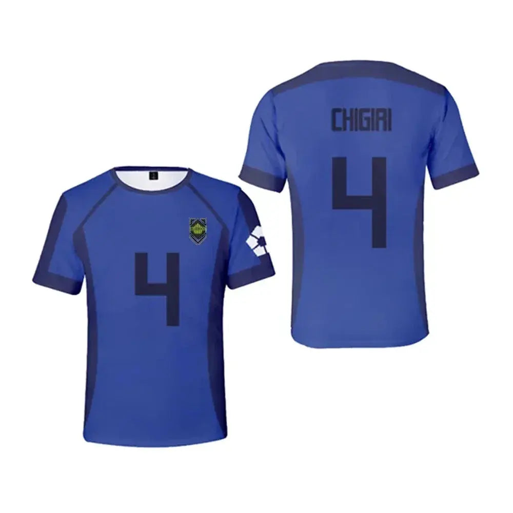 Blue Lock anime football jersey T-shirt featuring Isagi Yoichi, Hyoma Chigiri, Meguru Bachira, for children, casual cosplay clothing.