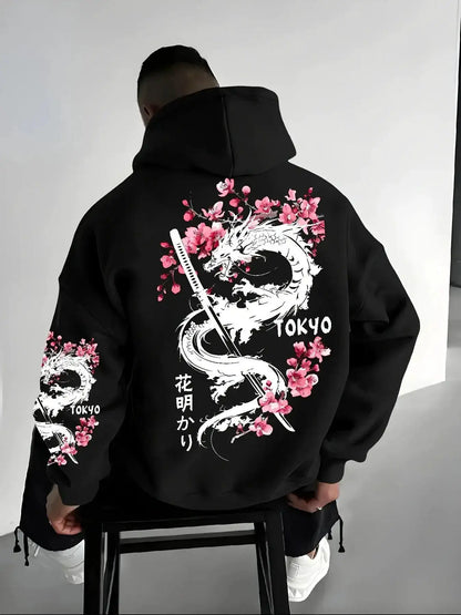 Japan Men Women Anime Dragon Sakura Print Hoodie Street Harajuku Y2K Sports Casual Loose Autumn Winter Warm Sweatshirt Clothing by Dropshipman