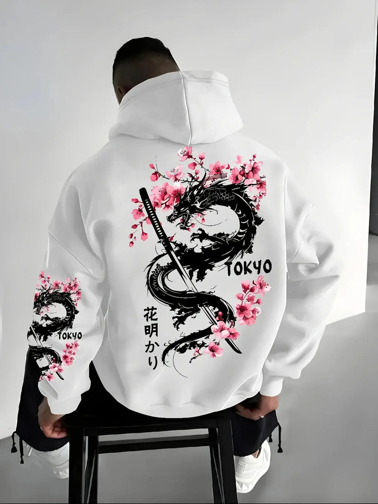 Japan Men Women Anime Dragon Sakura Print Hoodie Street Harajuku Y2K Sports Casual Loose Autumn Winter Warm Sweatshirt Clothing SHOPEZRA L.L.C.