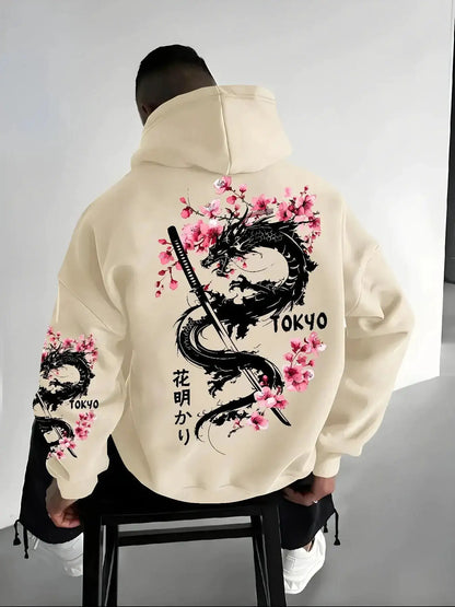 Japan Men Women Anime Dragon Sakura Print Hoodie Street Harajuku Y2K Sports Casual Loose Autumn Winter Warm Sweatshirt Clothing by Dropshipman