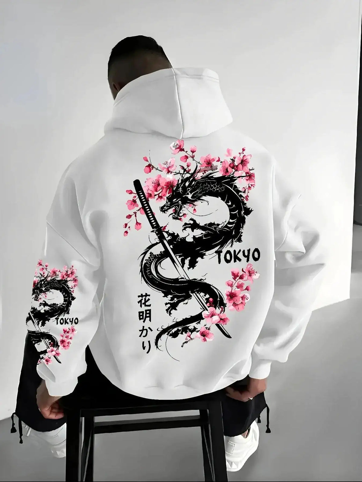 Japan Men Women Anime Dragon Sakura Print Hoodie Street Harajuku Y2K Sports Casual Loose Autumn Winter Warm Sweatshirt Clothing by Dropshipman