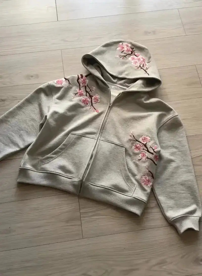 Y2K Vintage Oversized Cherry Blossom Embroidered Hooded Jacket Mens Womens Pink Zipper Coat Harajuku Hip Hop Graphic Streetwear by Dropshipman