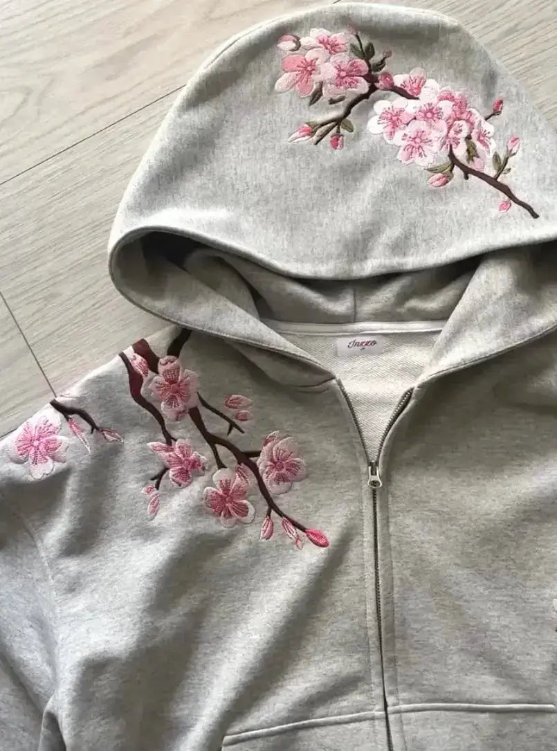 Y2K Vintage Oversized Cherry Blossom Embroidered Hooded Jacket Mens Womens Pink Zipper Coat Harajuku Hip Hop Graphic Streetwear by Dropshipman