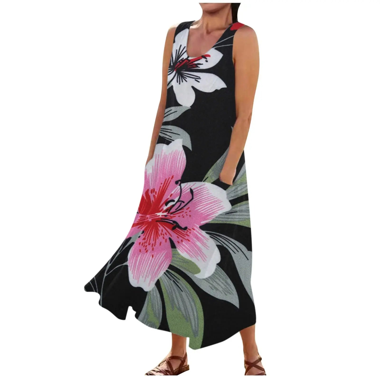 2024 casual summer dresses for women black floral print sleeveless maxi dress with pockets