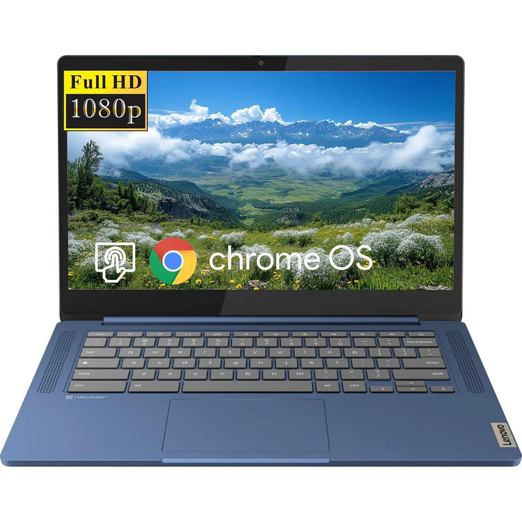 Lenovo IdeaPad Slim 3 Chromebook laptop with 14-inch FHD touchscreen, MediaTek Kompanio 520, 4GB RAM, 320GB storage, Abyss Blue color.