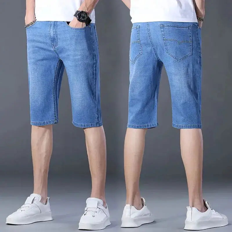 Summer Shorts Jeans Men Denim Pants Stretch Dark Blue Fashion Design Men&