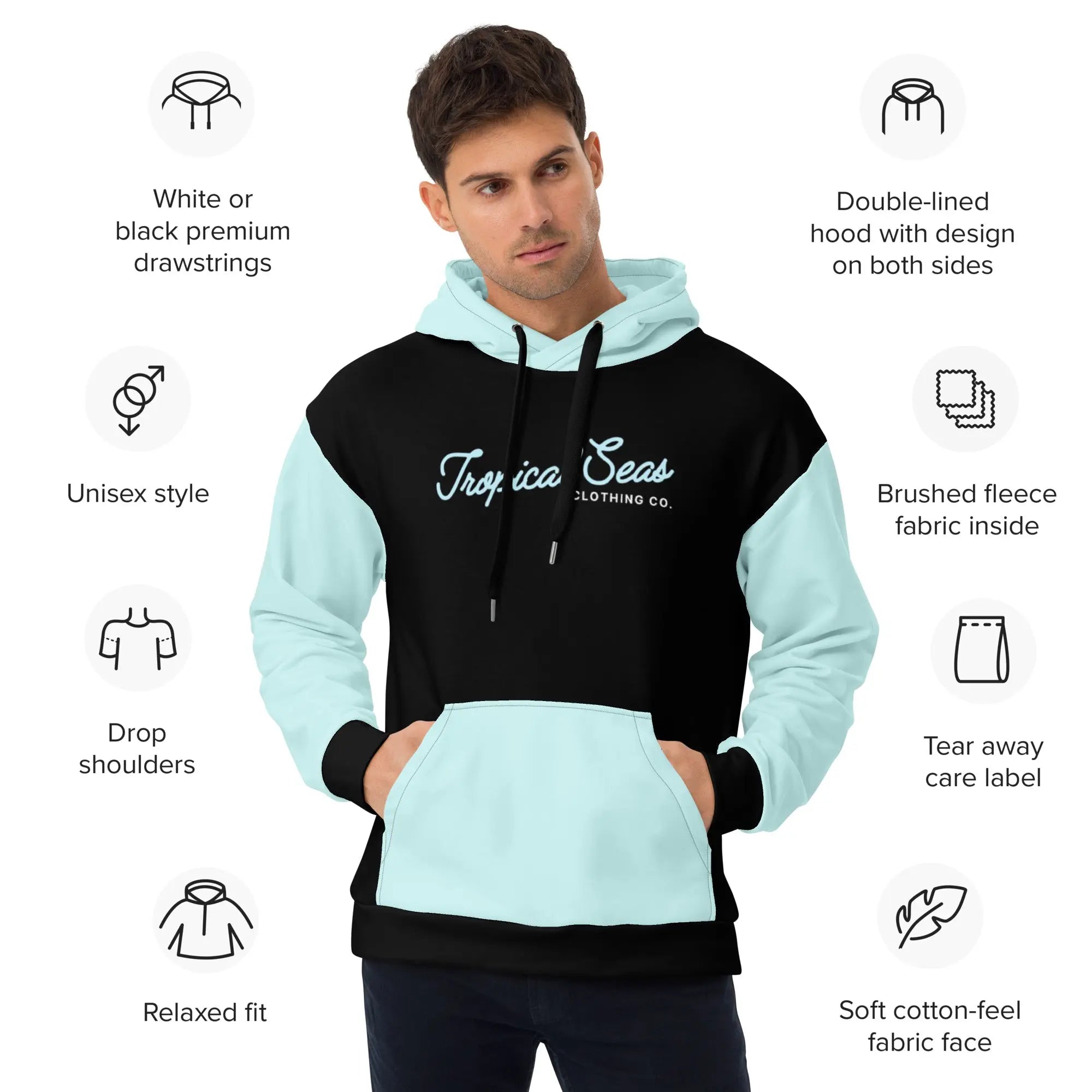 Model wearing Bahama Blue Two-Tone tropical seas hoodie, showcasing its vibrant design and relaxed fit.