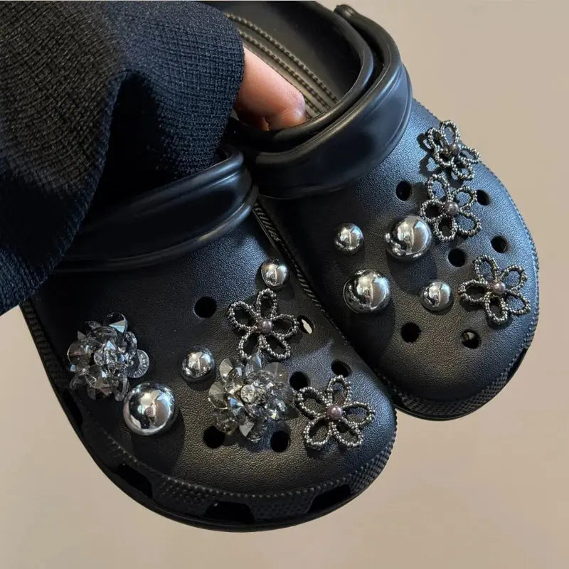 Silver rhinestone flower and heart shoe charms with metal beads, bow accents, perfect for DIY punk Y2K style clog decoration.