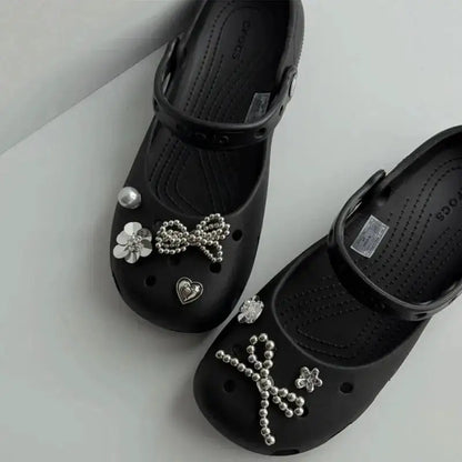 Bling Silver Rhinestone Flower Shoe Charms Metal Bead Bow &amp; Heart Clog Charms Luxury DIY Shoe Decoration Punk Y2K Style Clog Pin by Dropshipman