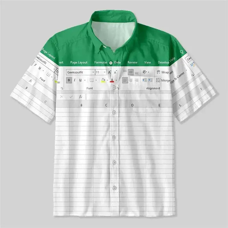 Fun Excel Spreadsheet 3D Print Sport Quick-dry Men Women Shirts Casual Vacation Button Design Creative Y2K Work Short Sleeve Top by Dropshipman