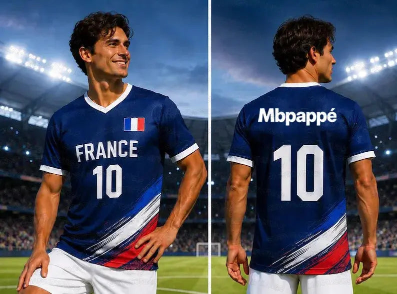 France flag print soccer jersey featuring No.10 Mbappé, men's and women's quick-dry sports T-shirt, ideal for fans and training.