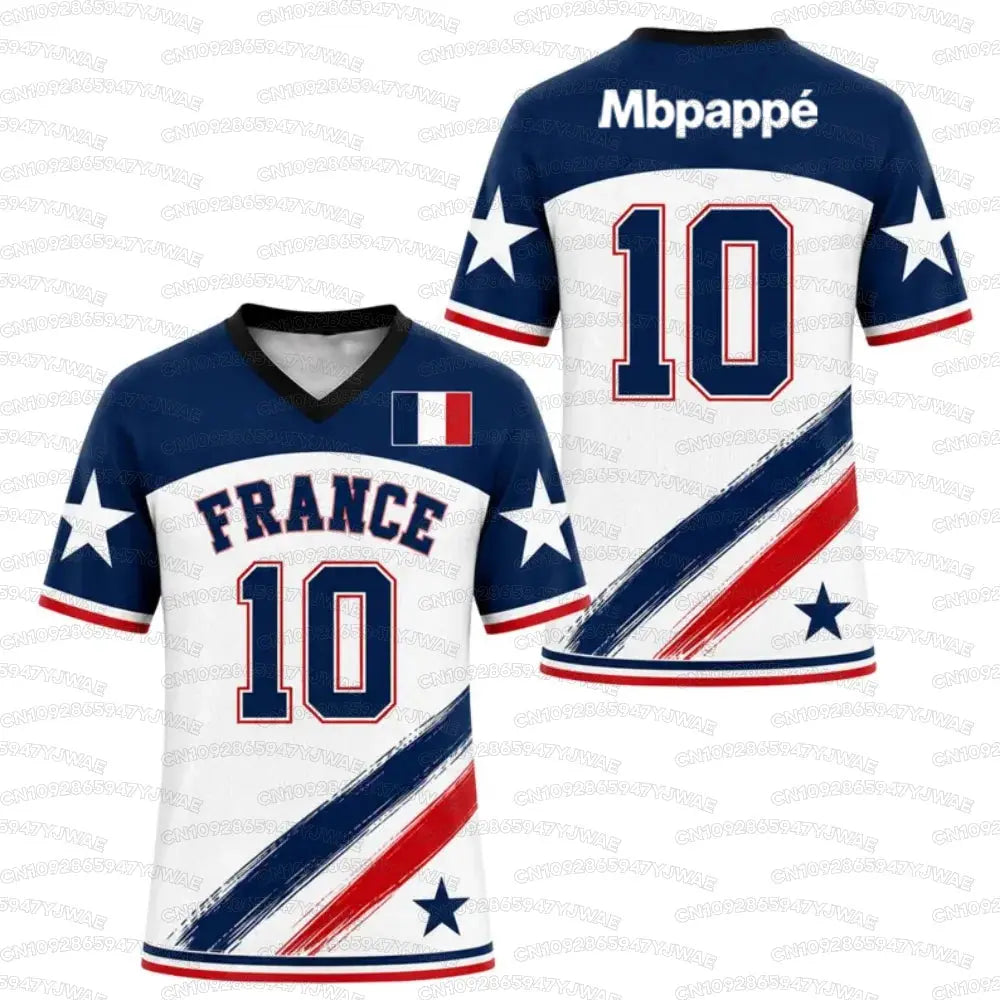 France flag print soccer jersey featuring No.10 Mbappé, quick-dry sports T-shirt for men and women, ideal for soccer fans and training.