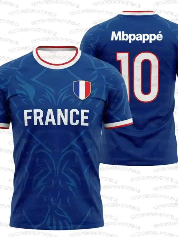 France flag print soccer jersey featuring No.10 Mbappé, quick-dry sports T-shirt for men and women, ideal for soccer fans and training.