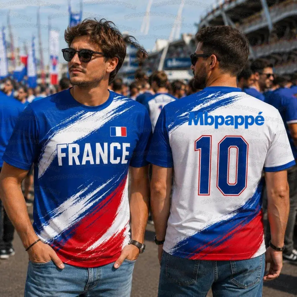 France flag print soccer jersey featuring No.10 Mbappé, quick-dry sports tee for men and women, ideal for fans and training.
