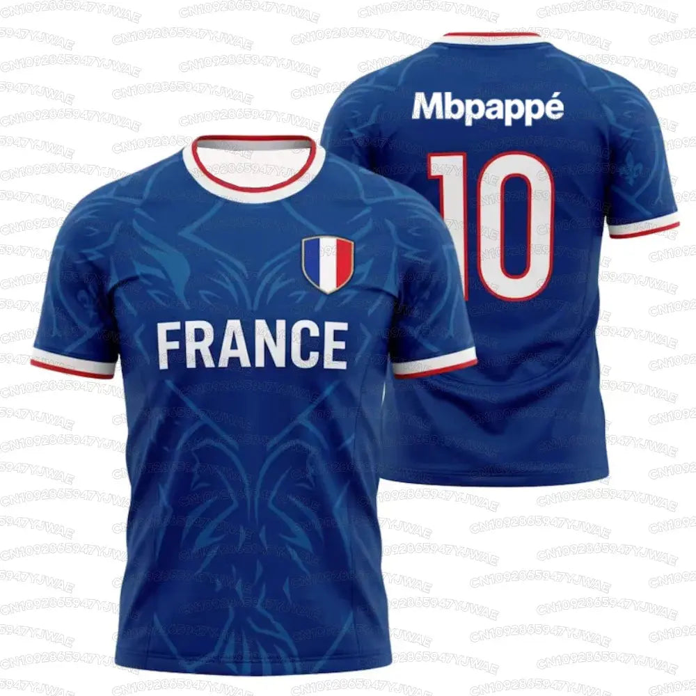 France flag print soccer jersey featuring No.10 Mbappé, quick-dry sports T-shirt for men and women, ideal for soccer training and fans.