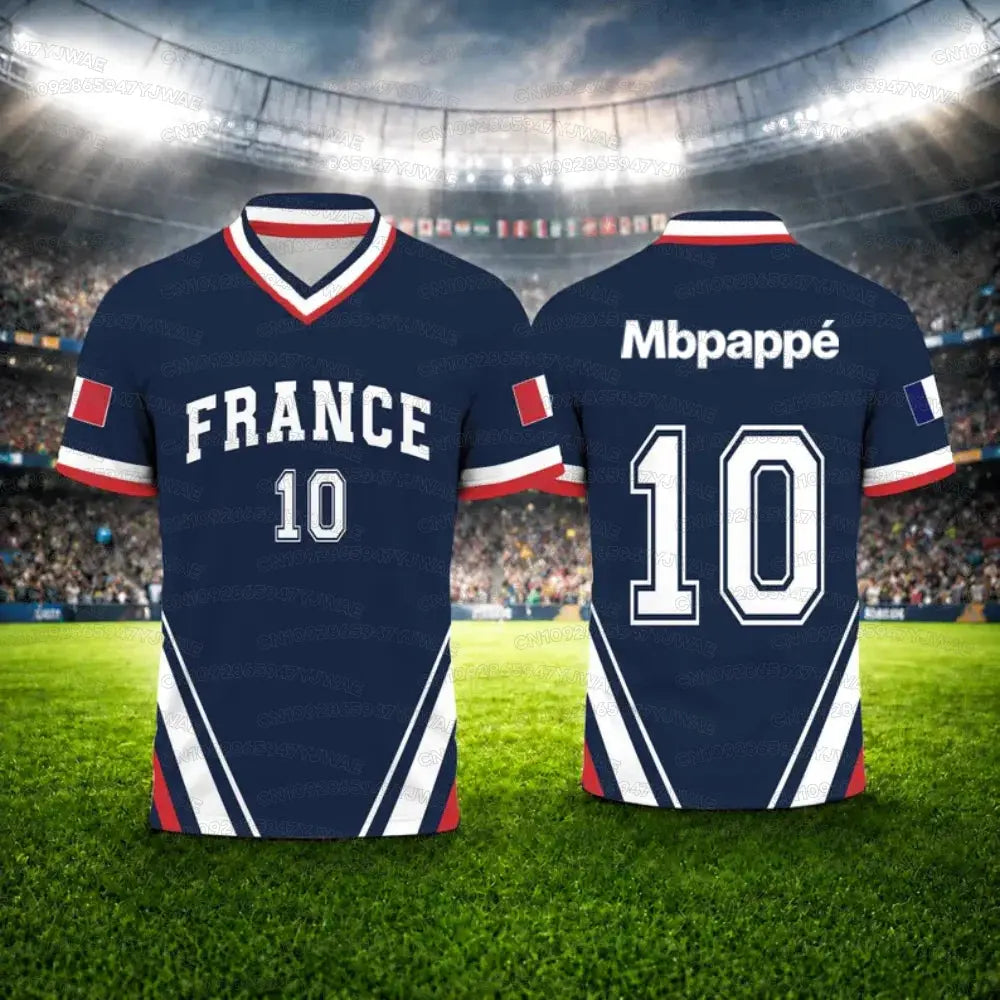 France flag print soccer jersey featuring No.10 Mbappé, quick-dry sports T-shirt for men and women, perfect for training and soccer fans.