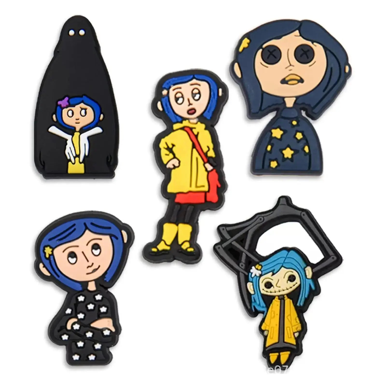 Set of 8 Coraline & the Secret Door cartoon shoe charms by SHOPEZRA L.L.C. for DIY decoration on classic clogs for kids.