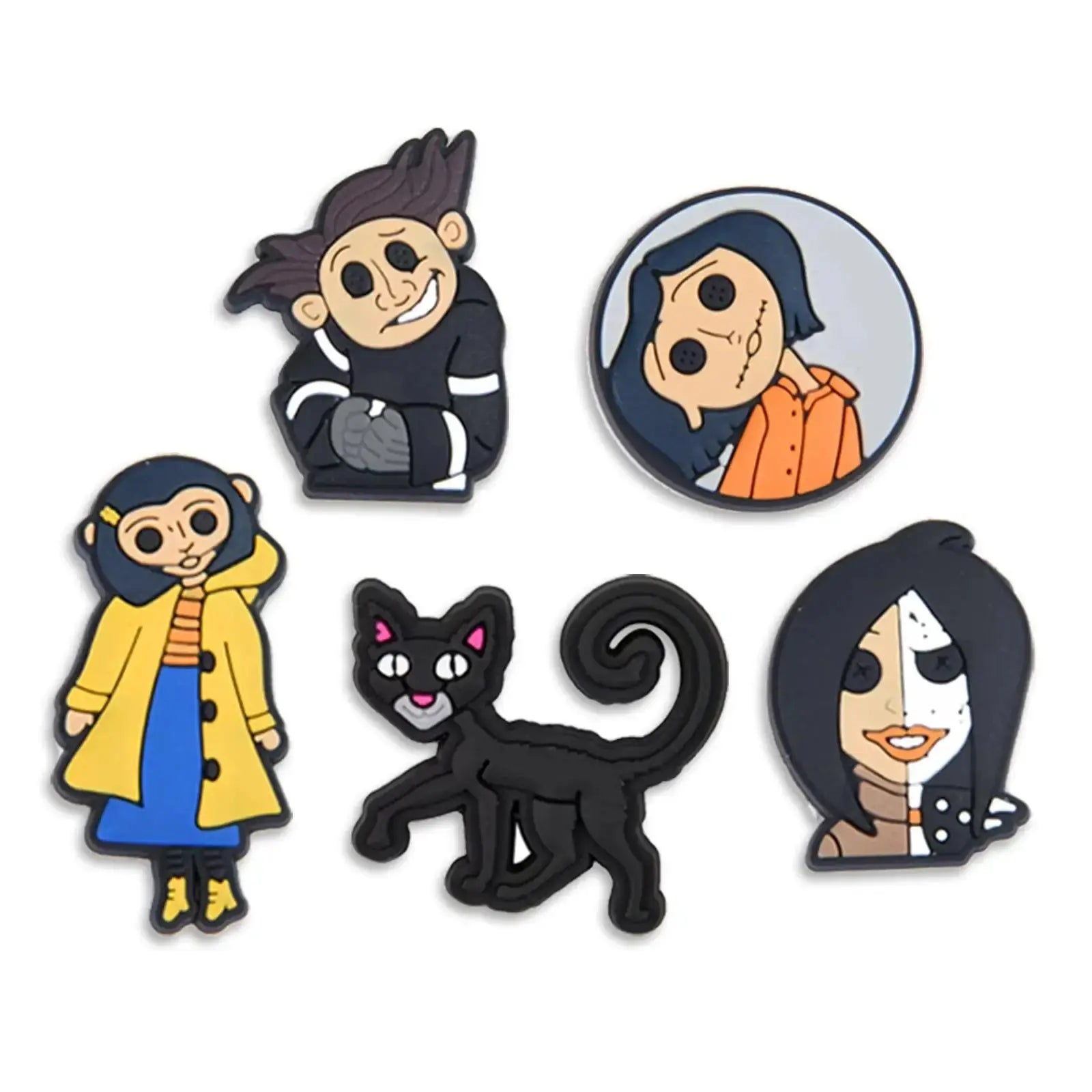 Set of 8 Coraline & the Secret Door cartoon shoe charms for kids, DIY accessories for classic clogs, colorful and fun decorative pieces.