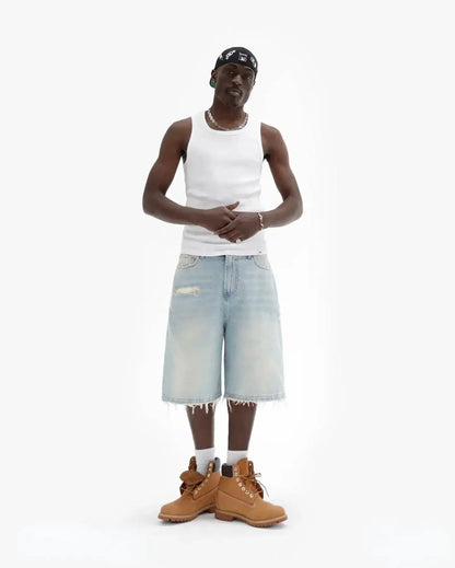 Y2k Black Punk Wash Baggy Work Shorts Men Women Summer Hip Hop Ripped Hole Denim Shorts Raw Edge Casual Jorts Streetwear by Dropshipman