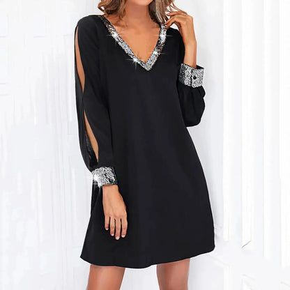 Dresses For Women 2025 Elegant Shiny Mesh Stitching Long Sleeve Robe Solid Color V Neck Mini Dress Evening Party Dresses Vestido by Dropshipman