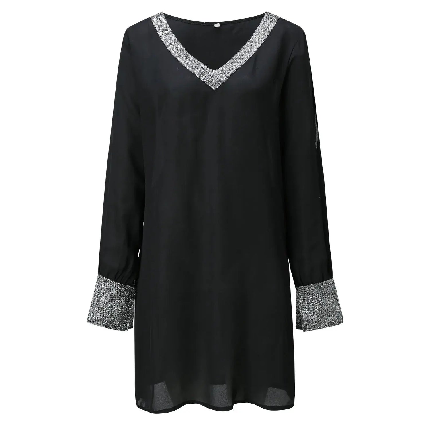 Dresses For Women 2025 Elegant Shiny Mesh Stitching Long Sleeve Robe Solid Color V Neck Mini Dress Evening Party Dresses Vestido SHOPEZRA L.L.C.