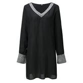 Dresses For Women 2025 Elegant Shiny Mesh Stitching Long Sleeve Robe Solid Color V Neck Mini Dress Evening Party Dresses Vestido SHOPEZRA L.L.C.