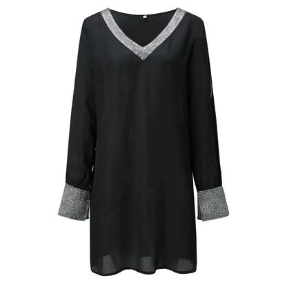 Dresses For Women 2025 Elegant Shiny Mesh Stitching Long Sleeve Robe Solid Color V Neck Mini Dress Evening Party Dresses Vestido by Dropshipman
