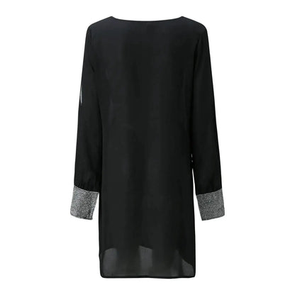 Dresses For Women 2025 Elegant Shiny Mesh Stitching Long Sleeve Robe Solid Color V Neck Mini Dress Evening Party Dresses Vestido by Dropshipman
