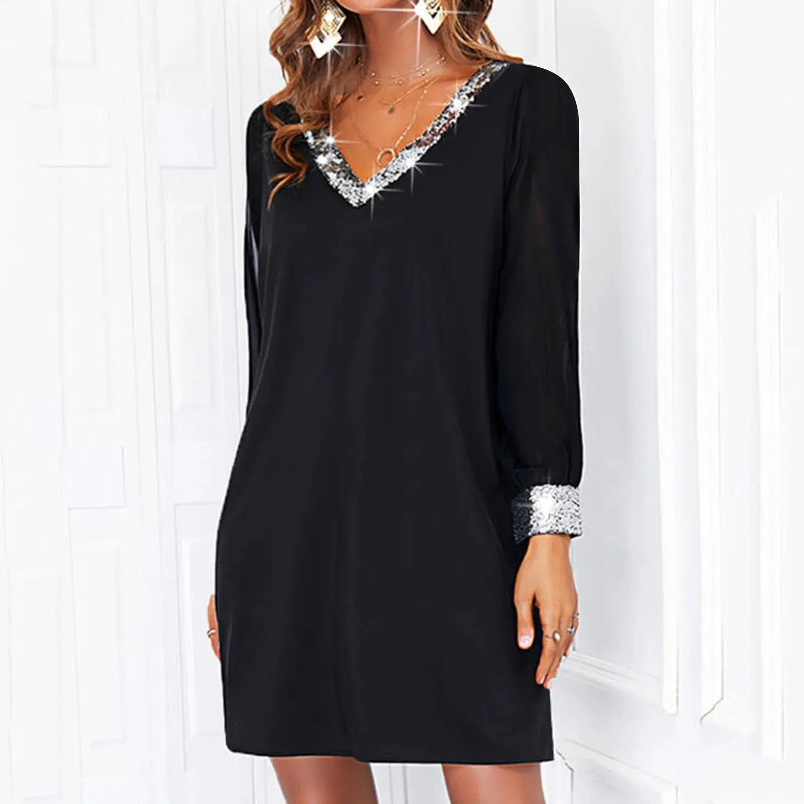 Elegant shiny mesh long sleeve mini dress for women with V-neck, solid color, perfect for evening parties, by SHOPEZRA L.L.C.