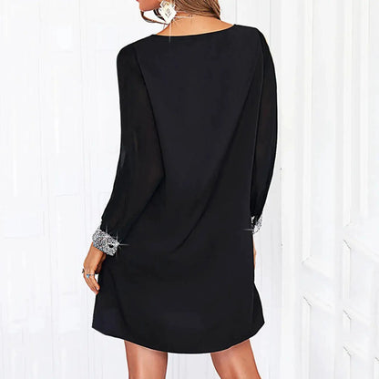 Dresses For Women 2025 Elegant Shiny Mesh Stitching Long Sleeve Robe Solid Color V Neck Mini Dress Evening Party Dresses Vestido by Dropshipman