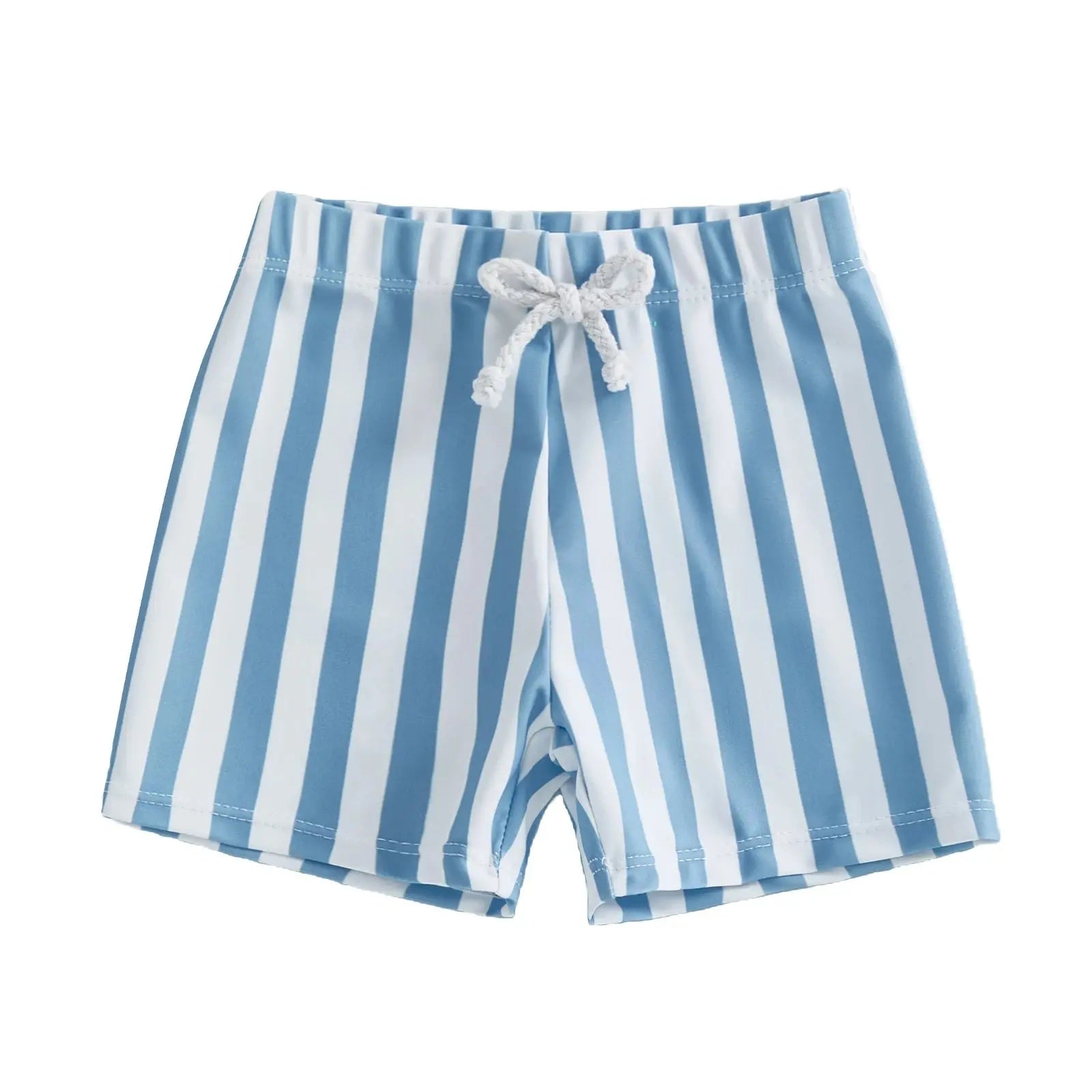 Kids' baby boys' swim trunks with colorful stripe print and elastic waist, perfect for summer beachwear.