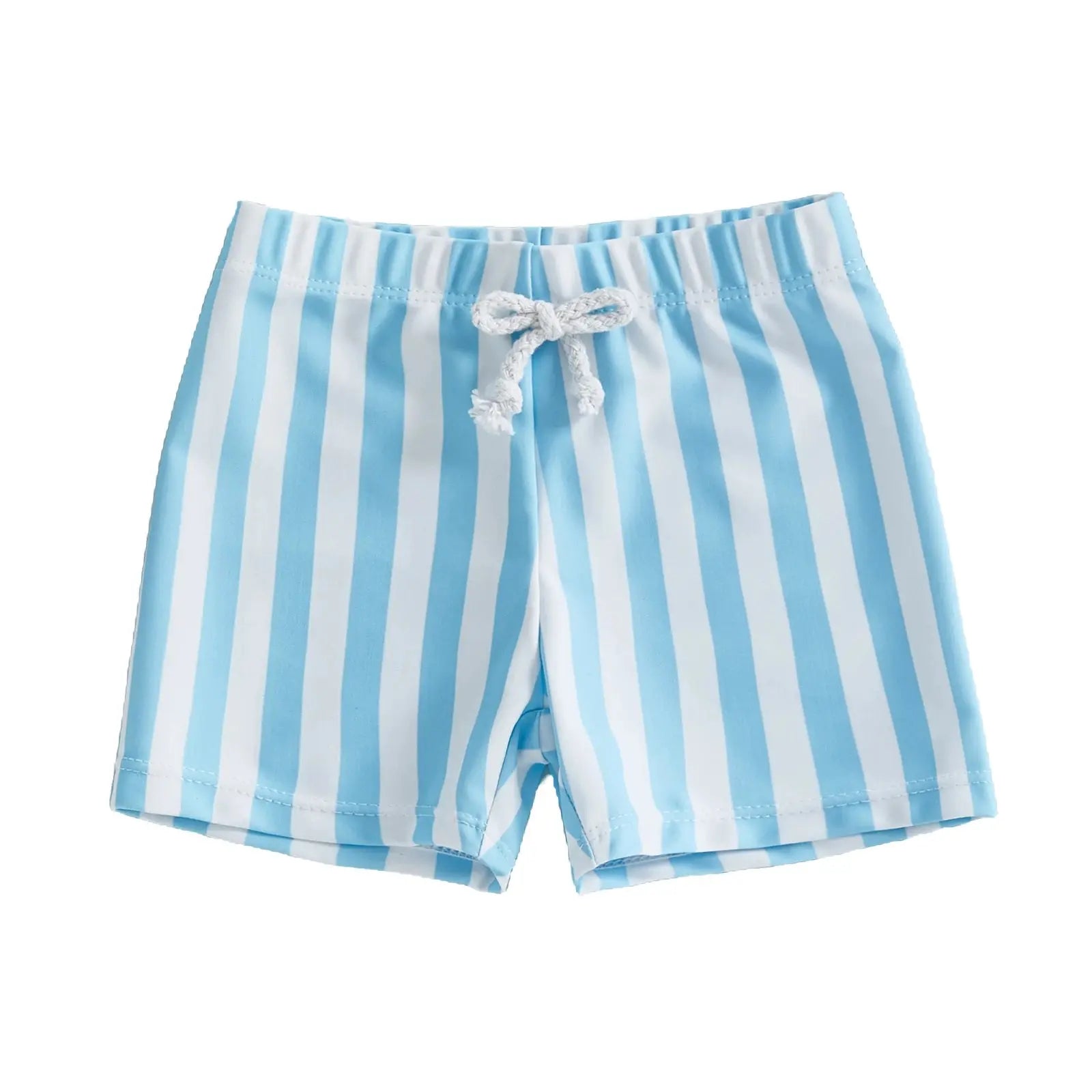 Kids baby boys summer swim trunks with colorful stripes and elastic waistband, perfect for beach and pool wear.