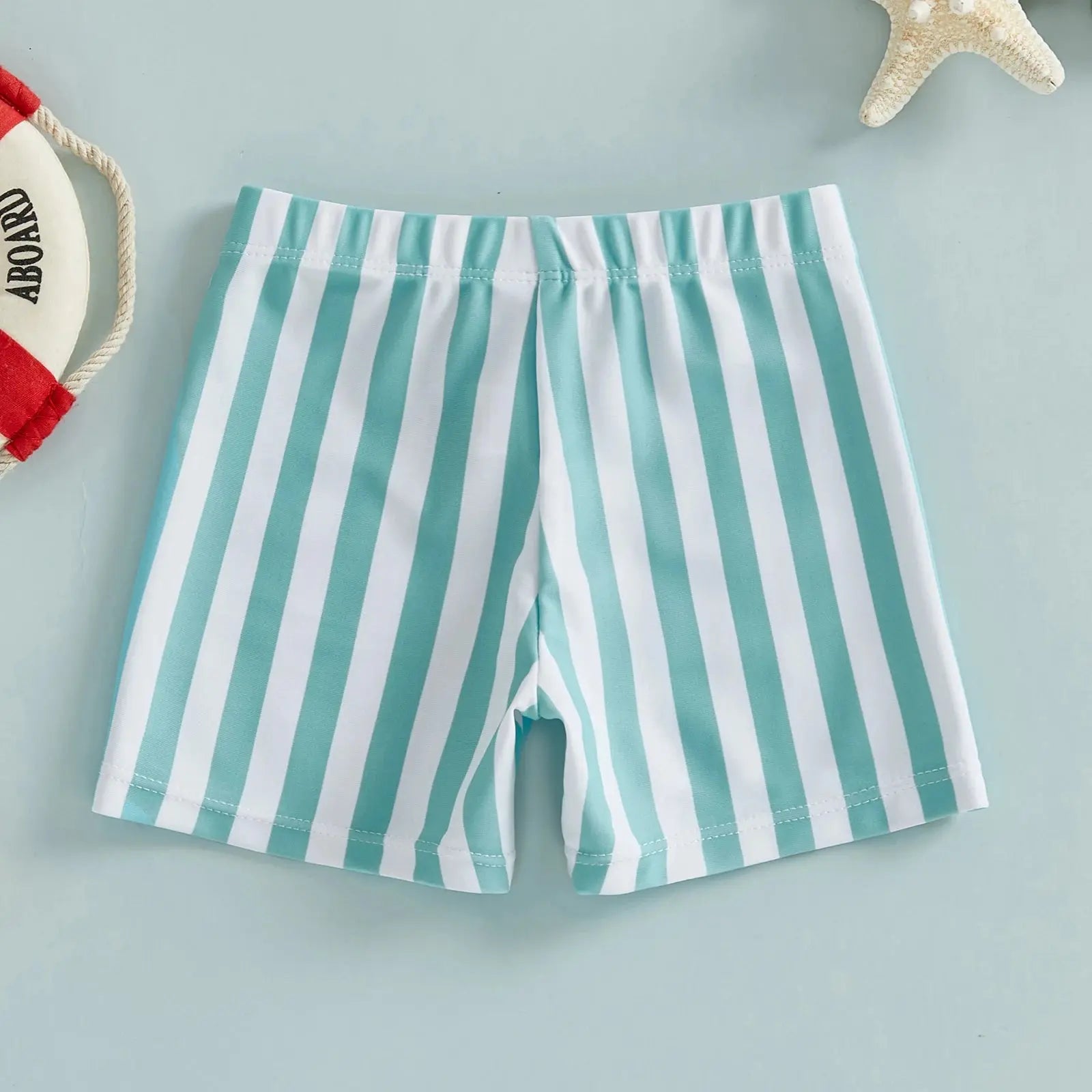 Kids' baby boys swim trunks with colorful stripe print and elastic waistband, perfect for summer beach outings.