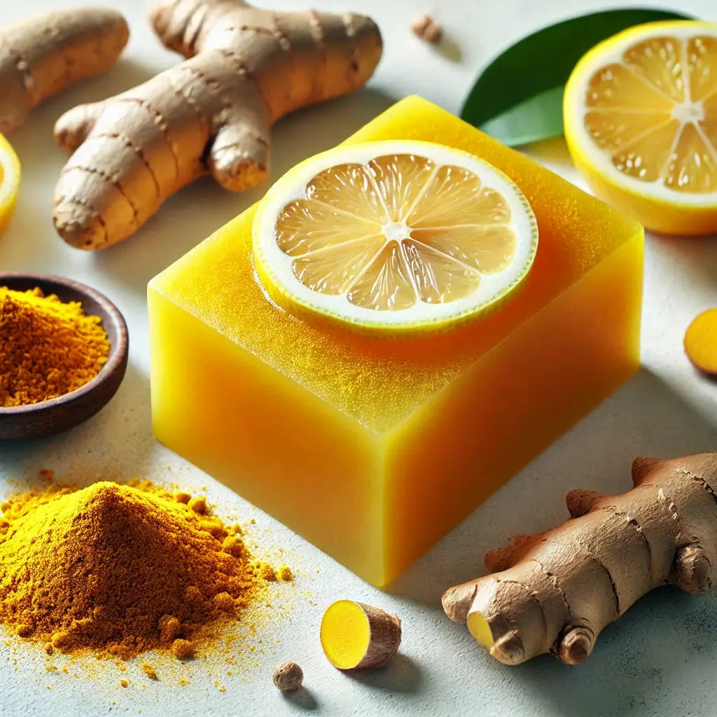 Lemon Turmeric Kojic Soap benefits with turmeric, lemon slices, and spice scattered around.
