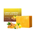 Lemon Turmeric Kojic Soap benefits displayed with vibrant yellow soap and packaging highlighting deep cleansing properties.