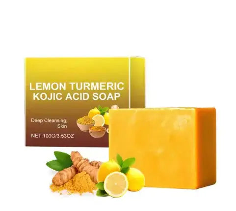 Lemon Turmeric Kojic Soap benefits displayed with vibrant yellow soap and packaging highlighting deep cleansing properties.