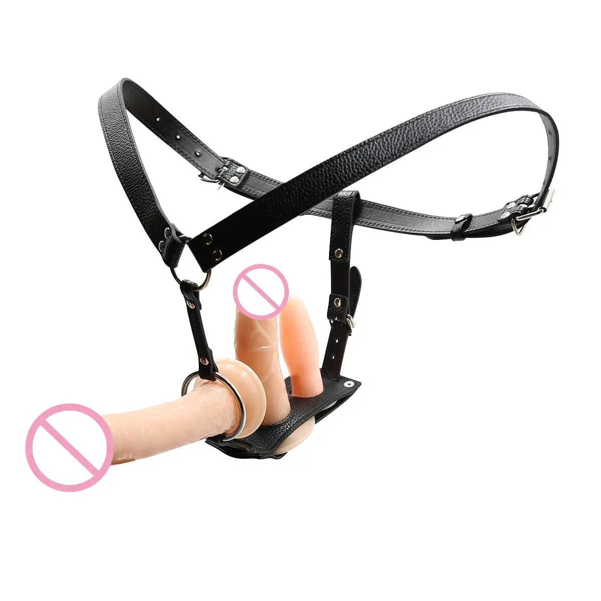 Realistic dildo strap-on with G-spot and anal butt plug, wearable belt and panties for adult lesbian intimacy and masturbation.