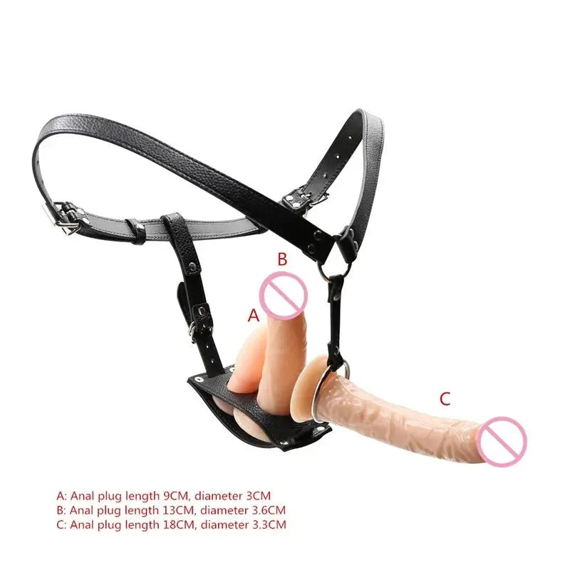 Realistic dildo strap-on with G-spot and anal plug, wearable belt and panties for adult lesbian intimacy and masturbation.