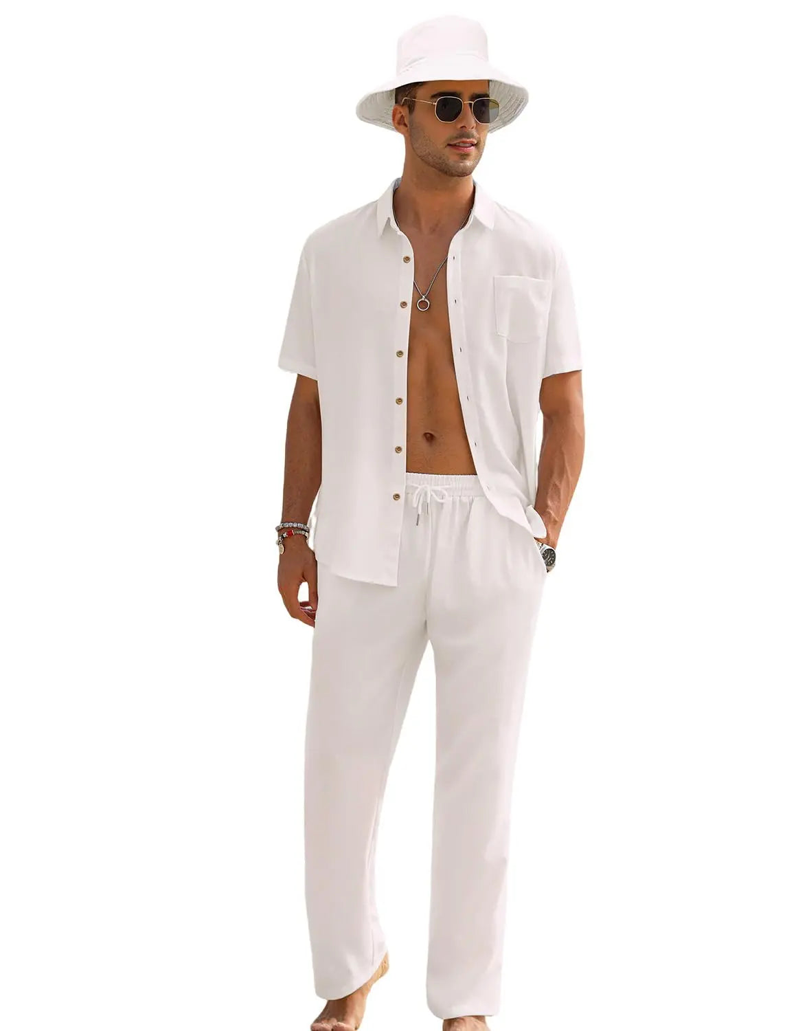 EISHOPEER men beach wedding linen outfit in white, featuring a short shirt and long pants ideal for warm outdoor events.