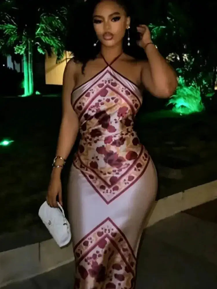 Chic Elegant Satin Dress Floral Print Slim Bodycon Women Dresses Evening Party Wedding Guest Summer Streetwear by Dropshipman